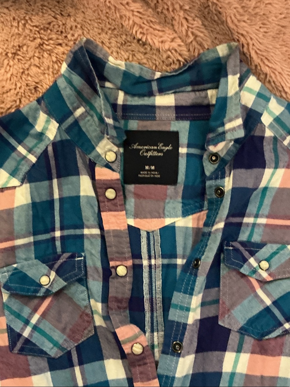 American Eagle Outfitters Teal Navy Pink Plaid Pearl Snap-Front Shirt